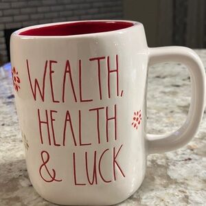 Rae Dunn White Mug with Red Interior - Wealth, Health & Luck